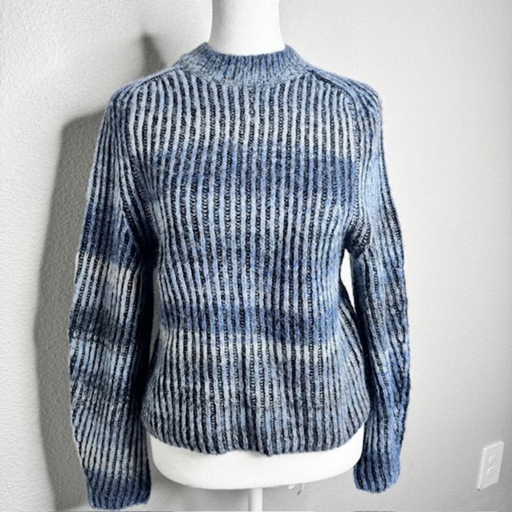 Naadam Crewnwck Raglan Sweater Blue Space Dye Ribbed Knit Small